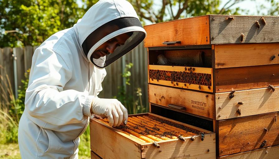 Beekeeper tending a backyard hive