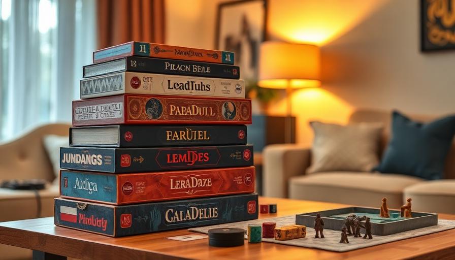 Stack of board games on a table