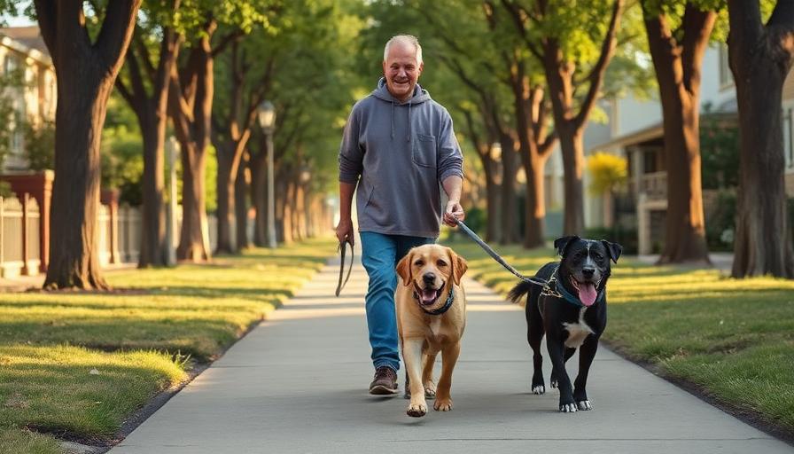Walking two dogs on a sidewalk