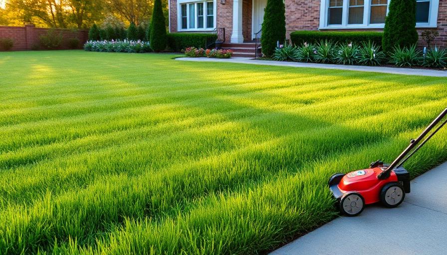 Freshly mowed lawn with a mower