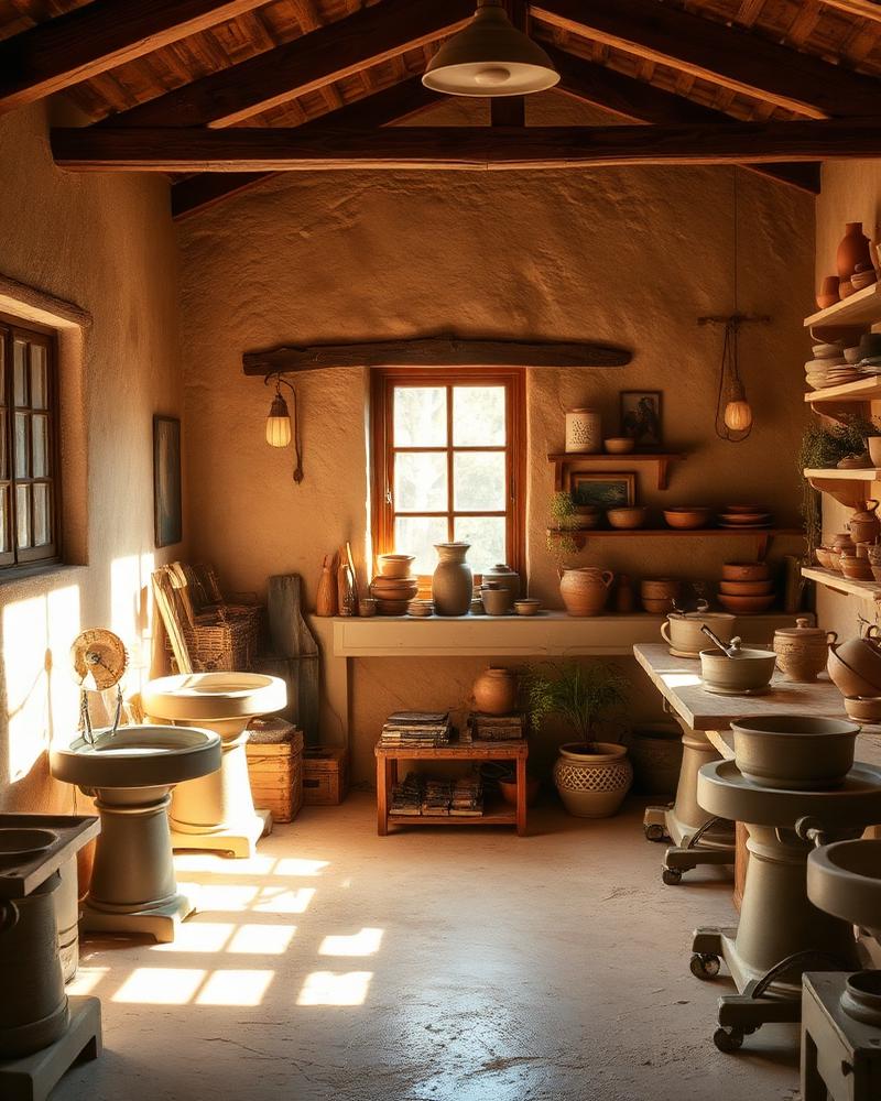 Sunlit ceramic studio with pottery wheels