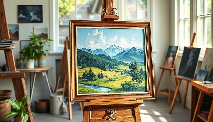 Framed landscape painting on an easel