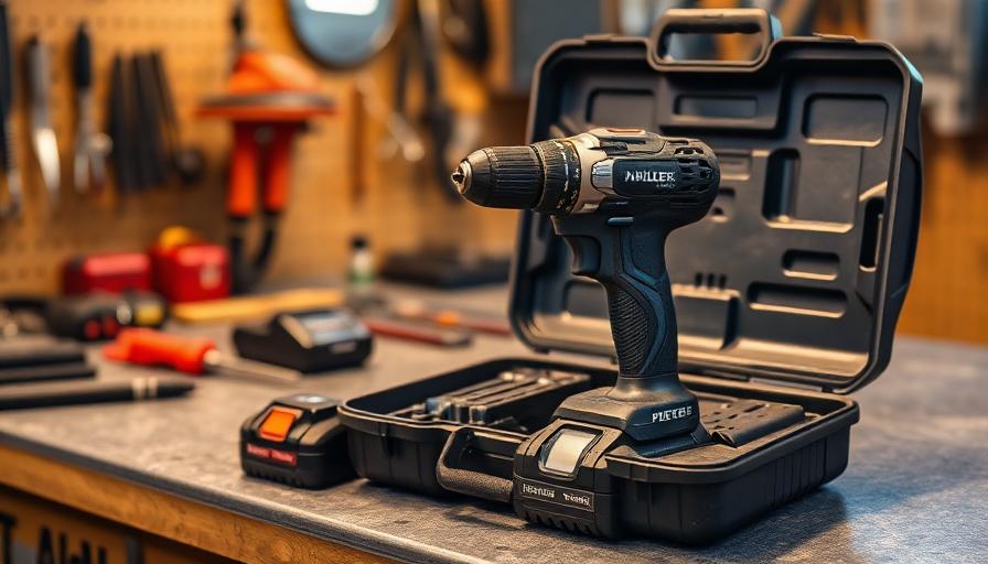 Cordless drill kit on a workbench