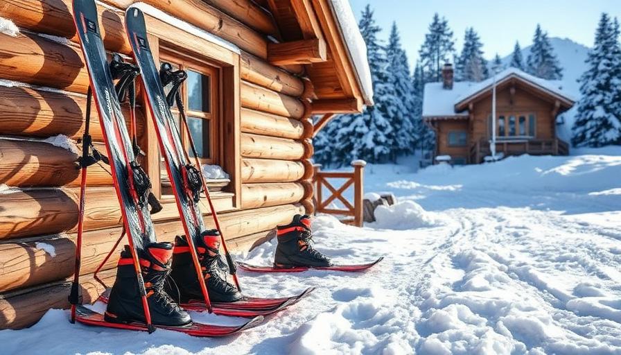 Skis, boots and poles by a cabin