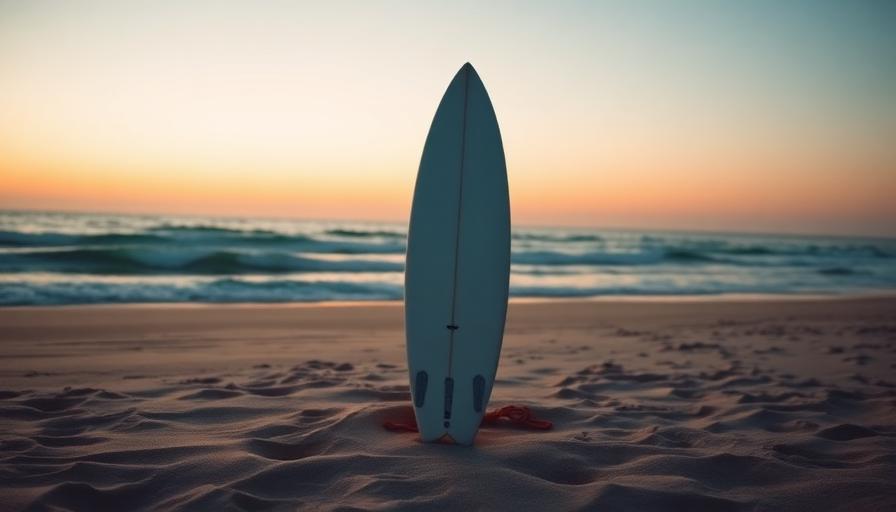 Surfboard standing in beach sand